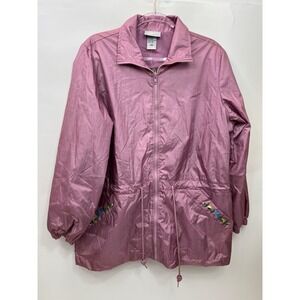 BLAIR Embroidered Flowers Windbreaker Jacket Pink Front Zip Womens Sz M NWT